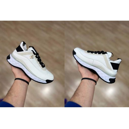کفش لژدار شنل کرم مشکی Chanel Velvet Calfskin & Mixed Fibers Sneaker Ivory