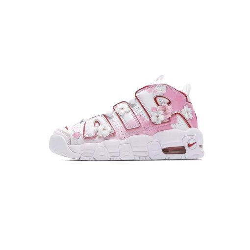کتونی نایک ایر آپتمپو سفید صورتی گل دار Nike Air More Uptempo White Pink Cherry Blossoms