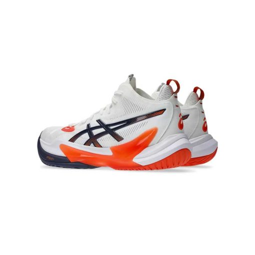 کتونی تخصصی والیبال اسیکس متارایز 2 سفید آبی نارنجی Asics Metarise 2 White Indigo Fog